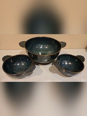 Bobby Flay Deep Teal Ceramic Serving Bowls with Leaf Handles - Set of 3